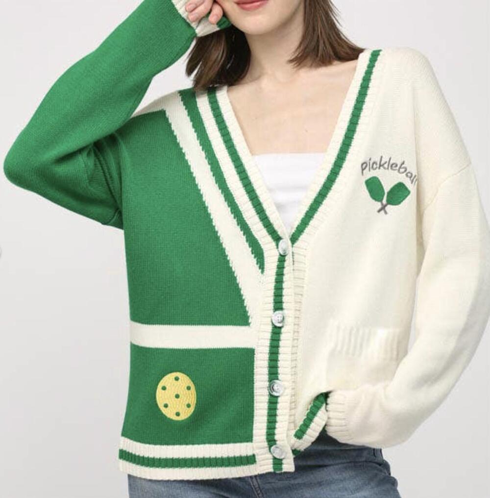 NEW FATE pickleball button closure cardigan in green and cream